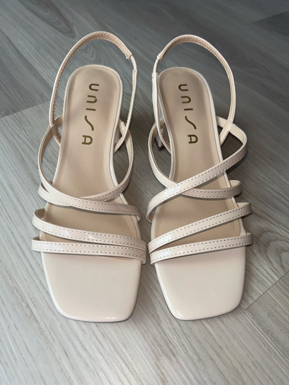 Unisa Strappy Patent Leather Slingback Sandals 7.5 Nude/Beige NWOT Square-Toe